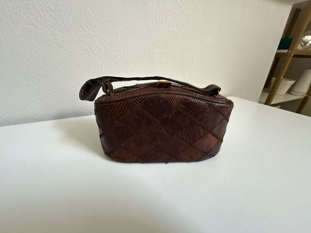 Vintage 1940s-1950s Brown Patchwork Exotic Skin Box Handbag